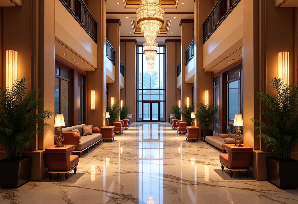 The opulent lobby of The Grandeur Suites hotel.