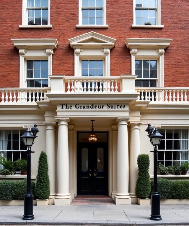The elegant Georgian facade of The Grandeur Suites in Kensington.