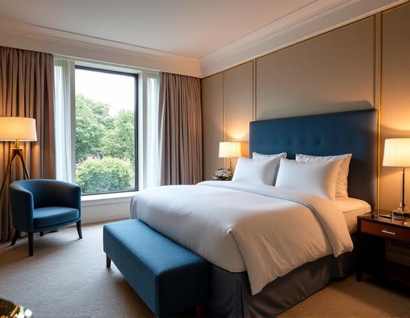 A spacious deluxe king room with a view over Kensington Gardens.