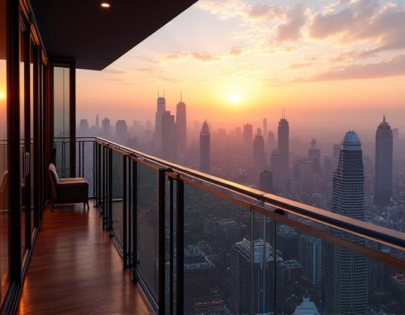 Panoramic city views from The Grandeur Suite's balcony.